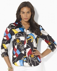 Awash in a vibrant nautical flag print, a classic tailored shirt is crafted from silky cotton broadcloth with three-quarter sleeves for breezy style.