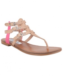 Super cute and trendy. Steve Madden's Saahti flat sandals feature a triple ankle strap enclosure with side buckles.