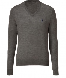 Elegant in grey heather merino wool, Ralph Laurens V-neck pullover is a great basic for this season and next - Embroidered logo, V-neckline, long sleeves, fine ribbed trim - Contemporary slim fit - Wear over shirts or tees with jeans, cords or chinos