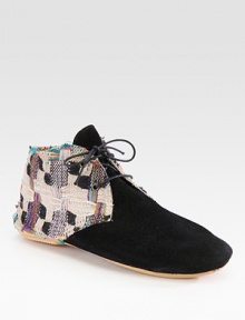 Multicolored patchwork print of luxe canvas adds a wow factor to this comfortable suede design. Suede and canvas upperCanvas liningRubber solePadded insoleMade in Italy