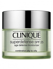 Superdefense SPF 25 Age Defense Moisturizer in Combination Oily to Oily. Skin's most complete defense against the visible signs of aging in a daily moisturizer. Arms it to fight the visible effects of emotional stress. Helps neutralizes UVA and UVB. 1.7 oz. 