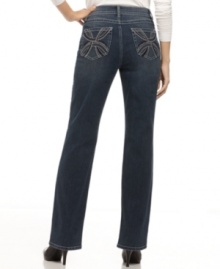 Style&co. best-loved bootcut jeans get glammed up with glittering embroidery and rich blue wash!