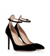 With their flawless black suede and sweet rounded toe, Valentinos modern cut high heel pumps count as a wear-everywhere must - Rounded toe, buckled ankle strap, low-cut sides, stiletto heel - Pair with everything from feminine cocktail dresses to sleek ankle trousers