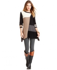 Style&co.'s patchwork tunic features pretty mixed knits and an asymmetrical hem. Pair with leggings and boots for easy fall fashion!