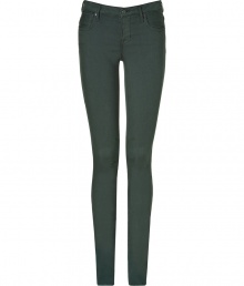 Deep green skinny jeans in a classic five-pocket design - Hint of Spandex creates super-tight tube leg style - Ultra-sexy - Pair with a chiffon tunic or silk blouse, and booties, heels or platform sandals