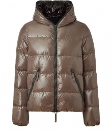 A sleek patina and vibrant contrast piping lend this Duvetica down jacket its sporty and stylish edge - In a lighter weight, wind- and water-resistant taupe polyamide with dark green trim - Straight cut fits close to the body for extra warmth - Full zip, hood and oversize diagonal zippered pockets at front - Perfect for cold weather casual looks - Pair with jeans, chinos, cords and athletic pants