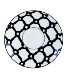 Designer kate spade takes basic black and white in a bold new direction with St. Kitts Exeter Road dinnerware. The dishes have a chainlink pattern that crisscrosses this bone china saucer for striking everyday style.