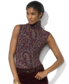 in a ultra-soft paisley matte jersey, this glamorous take on Lauren Ralph Lauren's classic sleeveless turtleneck is perfect for day-to-night dressing.