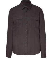 Stylish shirt in fine, pure dark brown linen - Soft yet durable, summer weight fabric - Small collar, full button placket and two flap pockets at chest - Rounded hem hangs slightly longer in the back - Casually elegant and ultra-versatile - Pair with suit trousers, chinos, shorts or jeans