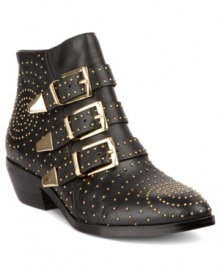 Dazzle them all with your fashion-forward style. The Madhouse booties by Steve Madden feature a trio of buckles across the vamp and all-over studs arranged in circular designs.