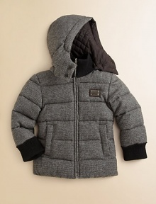 A puffy wool jacket reverses to a quilted topper with detachable hood, stand collar and side slash pockets.Detachable hoodStand collarLong sleevesFull-zip frontSide slash pocketsWoolReverse: PolyesterDry cleanImported