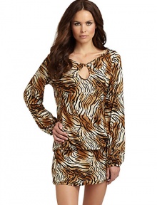 THE LOOKTiger print, alloverLong sleeves with gathered detail at cuffsFront keyhole with button closureCinched detail at hem with drawstring tie closureTHE FITAbout 36 from shoulder to hemTHE MATERIALModalCARE & ORIGINHand washImported