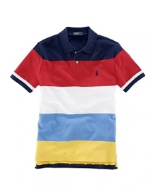 Rendered in lightweight, breathable cotton mesh, this classic polo design features signature pony embroidery at the chest and a bold stripe