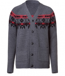 Stylish grey, red, and black wool Fair Isle cardigan - Stay warm and look cool in this classic Fair Isle-style cardigan - With a fun and whimsical pattern, this cardigan adds a pop to every outfit - Style with a pullover, jeans, and boots