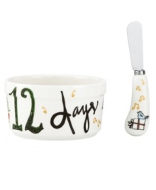 Let the countdown begin. This dip bowl and spreader from Lenox's collection of serveware and serving dishes add a festive note to holiday tables, with charming watercolor motifs that illustrate the classic holiday carol, the 12 Days of Christmas.