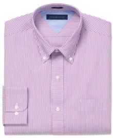 Thin stripes and a slim fit on this Tommy Hilfiger dress shirt lead a straight line to on-point style.