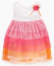 Somewhere over the rainbow. She'll look like she's straight out of the movies in this colorful ruffle dress from Sweet Heart Rose.