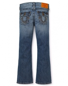 Put a strut in your little rocker's step. These True Religion bootcut jeans feature an easy-going fit with saddle stitch logo embroidery on the back flap pockets.