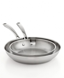 A busy kitchen's defining moments. Meet your prep stars-two stainless steel dishwasher-safe fry pans step up to an endless list of tasks with the ease & versatility of true professionals. With aluminum encapsulated impact-bonded bases, this set heats up fast & evenly and enhances moisture circulation for tender, flavor-rich results. Limited lifetime warranty.