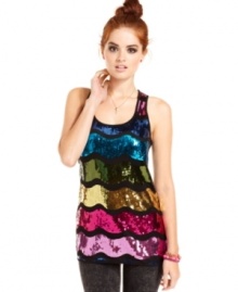 Wear all the colors of the rainbow in this super cute tank from Ultra Flirt! Featuring shiny sequins in a fun wave pattern, this top is perfect for a night out.