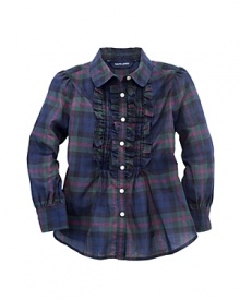 Classic tartan plaid adds heritage flair to a romantic ruffled blouse.