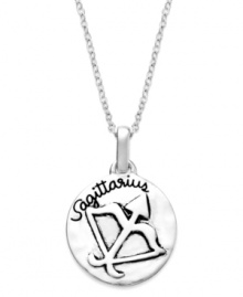 Optimistic, freedom-loving, honest & loving. Unwritten's chic Zodiac pendant features the signature Sagittarius design with these unique qualities listed on the reverse side. Set in sterling silver. Approximate length: 18 inches. Approximate drop: 3/4 inch.