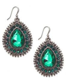 Victorian vintage. These lovely drop earrings from Style&co. lend a classic touch with intricate detail and teardrop-cut green glass and plastic stones surrounded by pave accents. Crafted in hematite tone mixed metal. Approximate drop: 1-1/4 inches.