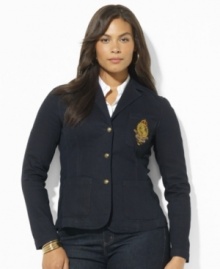 Lauren Ralph Lauren's soft cotton plus size broadcloth shirt is accented with rich heritage details, finished with tie-striped silk at the collar and an embroidered crest at the chest.