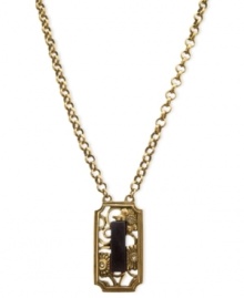 T Tahari dazzles with the details. The necklace, part of the Deco Lace Collection, is crafted from gold-tone mixed metal with the pendant featuring a black stone for an elegant touch. Glass crystals add luster. Approximate length: 18 inches + 3-inch extender. Approximate drop: 1-1/2 inches.