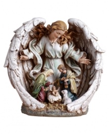 A peaceful guardian angel looks after the holy family--and your home--in this elaborately detailed nativity scene from Napco.