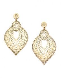 THE LOOKInverted teardrop silhouetteWhite crystal stone accentsFiligree designGoldplated brass settingPost backTHE MEASUREMENTWidth, about 2Length, about 3ORIGINImported