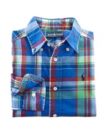 A signature button-down design is rendered in lightweight cotton plaid for a classic must-have.