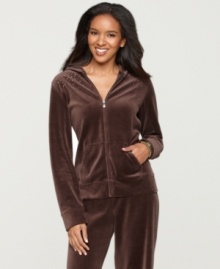 Add a little dazzle to your lounging look with this hoodie from Style&co. Sport! Made of luxe velour, it features sparkling embellishment at the shoulders and a bejeweled zipper pull.