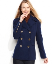 Bold hardware gives the classic pea coat an instant update. MICHAEL Michael Kors' topper also features three inverted pleats around the back hem for a contemporary, fresh look.