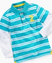 Get him layered up in preppy stripes with this long sleeve polo by Greendog.