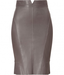 Luxe skirt in sumptuously supple, taupe leather - A sexy standout from cult French leather label Jitrois - Classic, curve-hugging pencil cut with new, higher waist and gently flared hem - Diagonal seams flatter and accentuate the hips - Hits above the knee, zips at back - Slickly stunning, a must for day or evening - Dress up with a button down blouse, blazer and pumps, or go for a slightly more casual look with flat sandals and a silk top