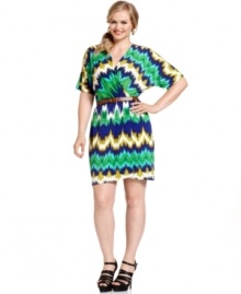 Calvin Klein's plus size dress is all set for summer with a boldly printed faux-wrap silhouette and coordinating belt. Wear with wedges for flawless style!