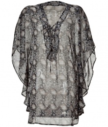 Bring instant breezy chic to your warm weather look with this tunic top from Melissa Odabash - Tie-detailed V-neck, dolman sleeves, all-over python print, semi-sheer - Wear with high-waisted skinnies, espadrille wedges, and a floppy hat