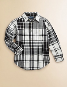 Rendered in warm brushed cotton twill, this classic plaid shirt is ruggedly handsome.Pointed collarLong sleeves with barrel cuffsButton-frontButton-flap patch pocketPatch pocketShirttail hemCottonMachine washImported Please note: Number of buttons may vary depending on size ordered. 