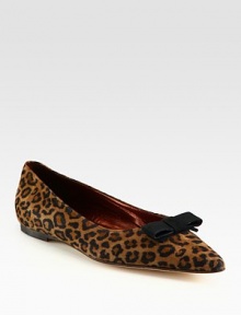 Luxe, leopard-print suede in a signature point toe design with a grosgrain ribbon bow and padded insole. Suede and grosgrain ribbon upperLeather lining and solePadded insoleMade in ItalyOUR FIT MODEL RECOMMENDS ordering true size. 