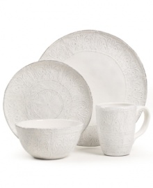 Get a feel for French style with delicately embossed Blanc Colette dinnerware from Versailles Maison. Romantic scrolling vines encircle rustic earthenware with a simple white glaze and irresistible charm.