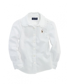 A preppy shirt in crisp cotton oxford is designed with stylish ruffles for a girlie look.