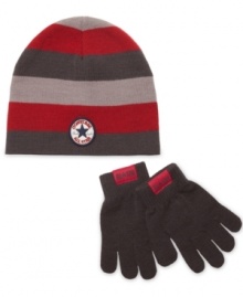 Get him geared up for the snow in the cold with the classic style of this beanie and gloves set from Converse.