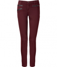 Spice up your casual look with these wine-hued zipper-laden skinnies from cult-favorite denim line J Brand - Flat front, belt loops, three front zip pockets, back patch pockets, skinny leg - Wear with a billowy blouse, a cropped denim jacket and wedge heels