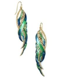 Get ready for take off! RACHEL Rachel Roy's fashionista-friendly feather earrings combine bright blue, green and topaz-hued glass accents in a gold-plated mixed metal setting. Approximate drop: 3-1/2 inches.