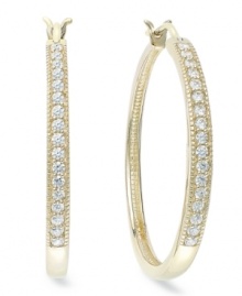 Up your glam factor. Yell'Ora's trendy hoop earrings showcase round-cut diamonds front and center (1/2 ct. t.w.). Base metal made from a combination of pure gold, sterling silver and palladium. Approximate diameter: 1-1/10 inches.