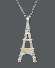 Sophisticated and chic, this Eiffel Tower pendant is Tres Magnifique! Necklace features round-cut diamond (1/10 ct. t.w.) in an 18k gold and sterling silver setting. Approximate length: 18 inches. Approximate drop: 1 inch.