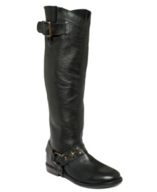 Betsey Johnson's Leigh harness riding boots are tall and lean with harness detail at the ankle and a buckle detail on the shaft.