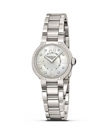 Raymond Weil's stainless steel quartz watch has a mother-of-pearl dial with accented diamonds. Framed with a diamond bezel, bracelet strap and foldover clasp. Also features a sapphire crystal and second hand.