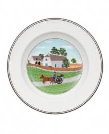 A farmer takes his turkey to market on this Design Naif rim soup bowl, featuring premium Villeroy & Boch porcelain.